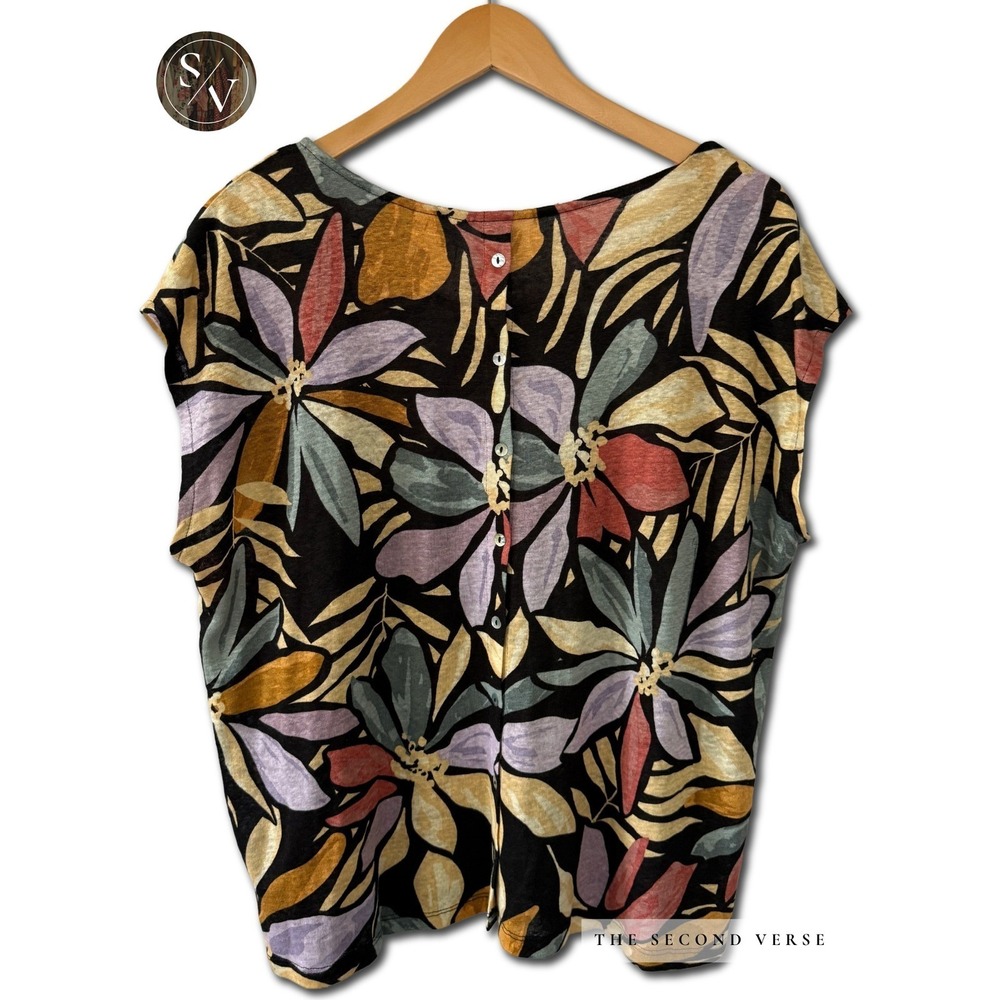 Nicole Miller Top Women XL Boho Floral Linen Button Back Cap Sleeve Multi XL - Picture 2 of 7